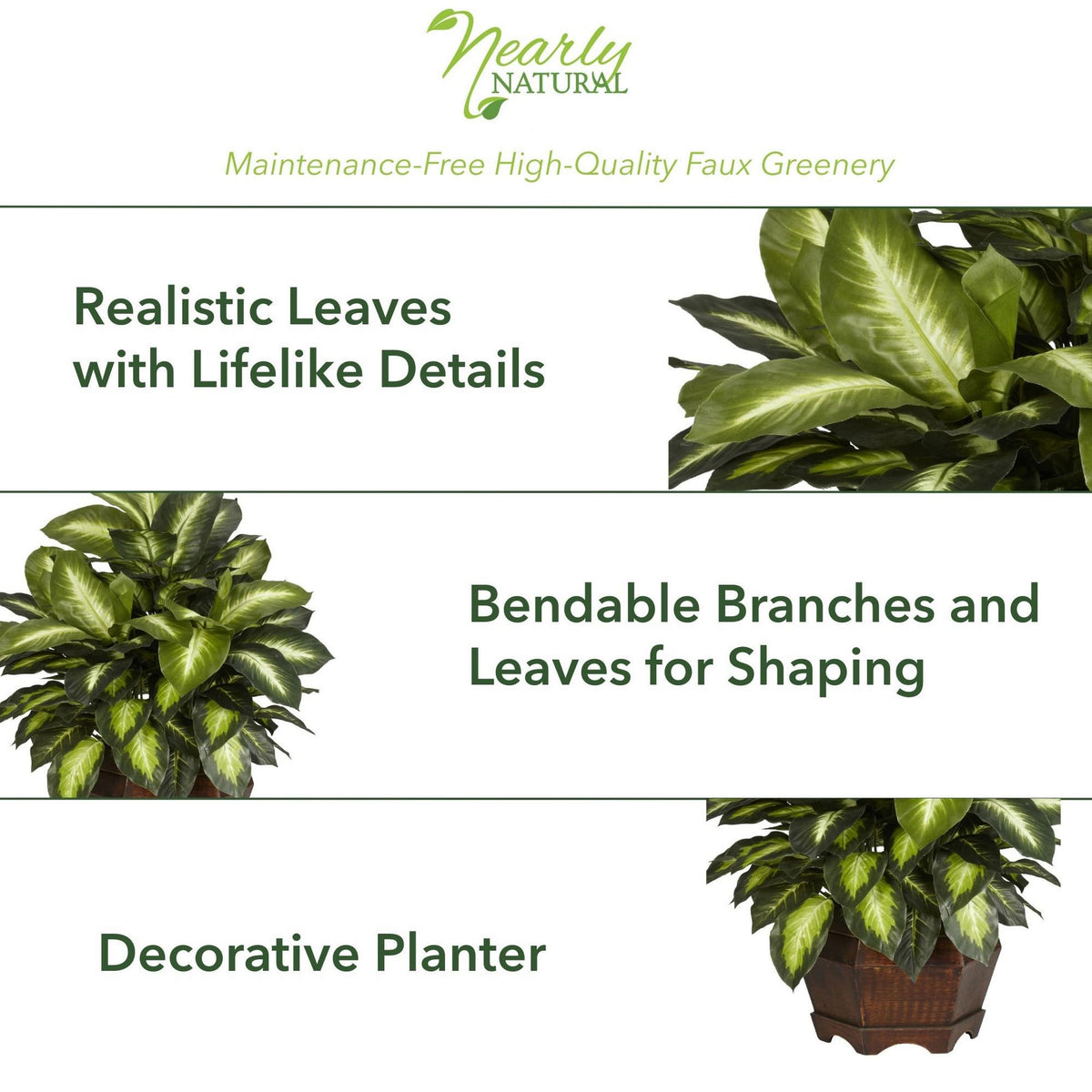 Nearly Natural Dieffenbachia silk plant in hexagon planter with contemporary centerpiece