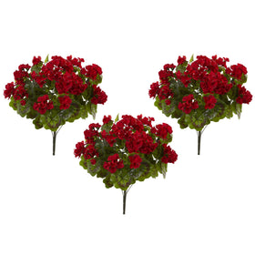 Nearly Natural geranium bush outdoor display showcasing vibrant red blooms.