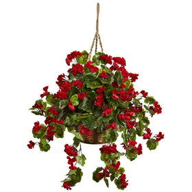 Nearly Natural geranium hanging basket with red blooms adds vibrant indoor color.