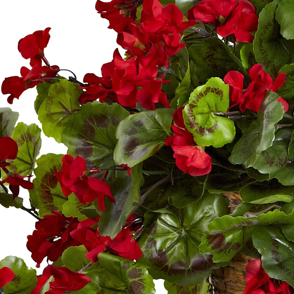 Lush greenery from Nearly Natural geranium basket creates natural ambiance on patios.