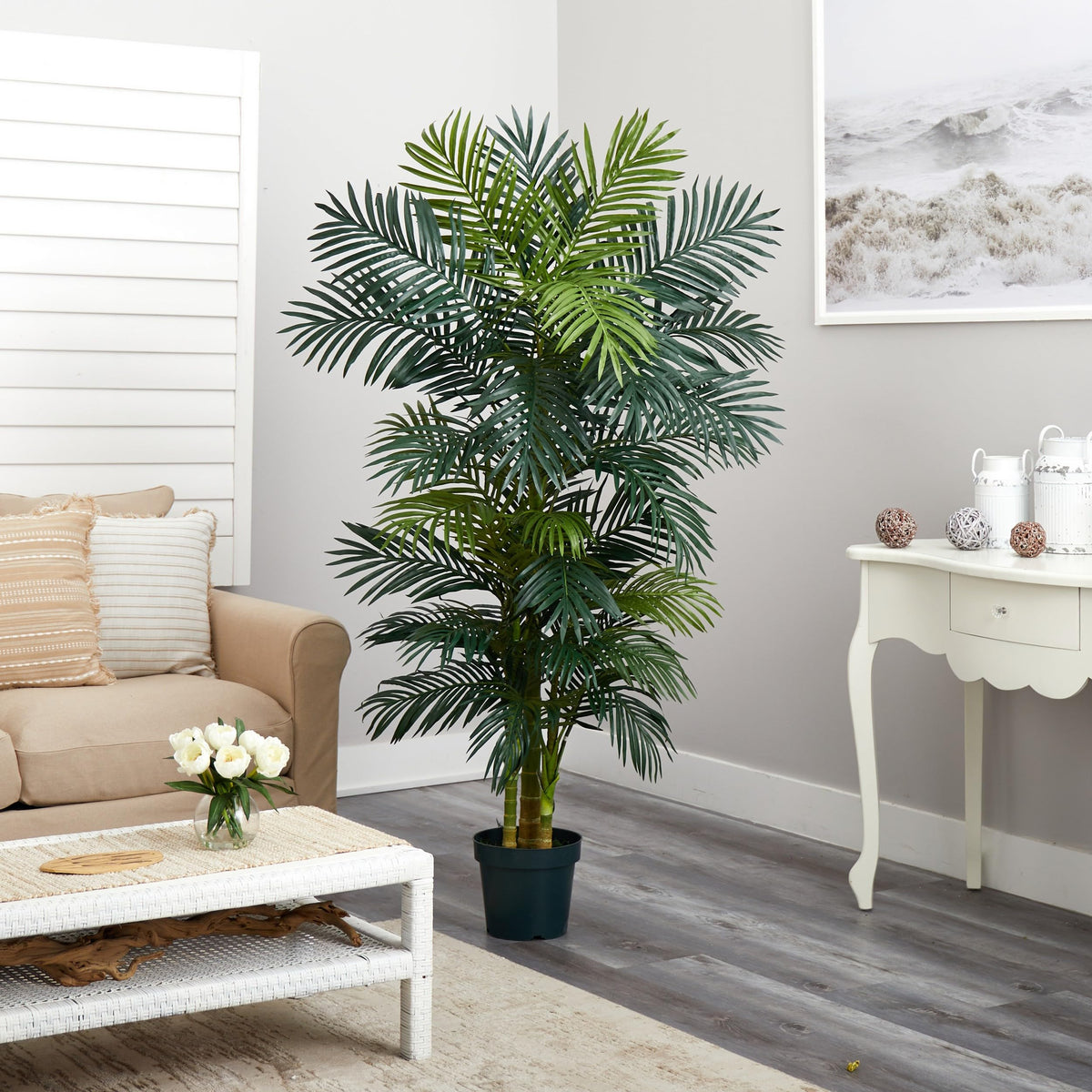 Nearly Natural Golden Cane Palm Tree requires no watering for low-maintenance appeal.