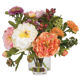 Nearly Natural mini peony arrangement with mixed blooms in a glass vase, ideal for tabletop decor.