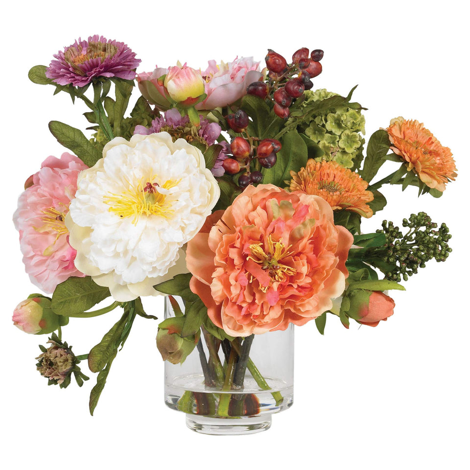 Nearly Natural mini peony arrangement with mixed blooms in a glass vase, ideal for tabletop decor.