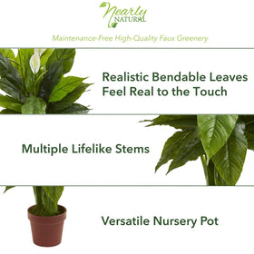 Nearly Natural Peace Lily 42in weighted nursery pot keeps the display stable.