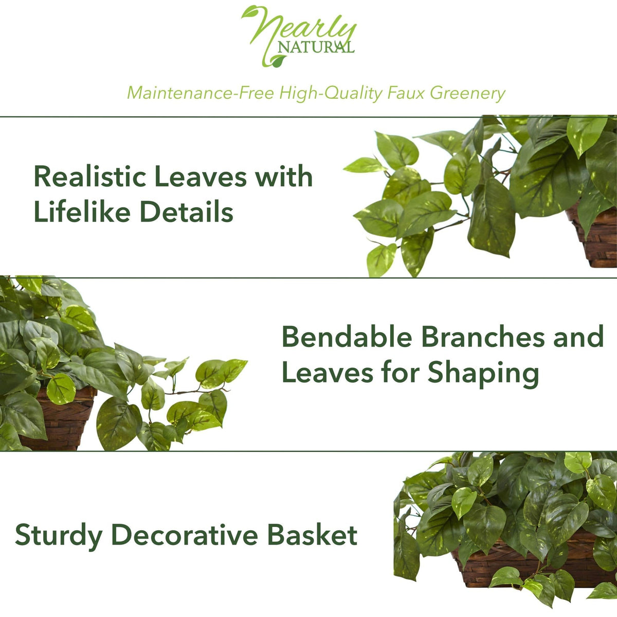 Nearly Natural Pothos Ivy leaf detail shows realistic texture and color.
