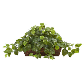 Nearly Natural Pothos Ivy in ledge basket, front view, ideal year-round centerpiece.