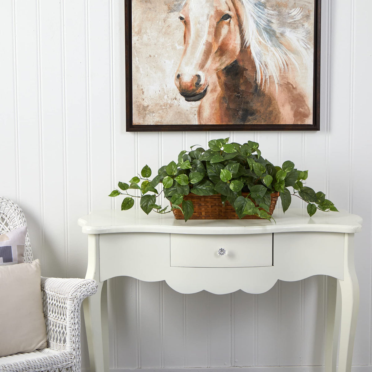 Nearly Natural Pothos Ivy on table centerpiece, enhances dining ambiance.