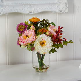 Nearly Natural peony arrangement on a shelf, adding year-round greenery.