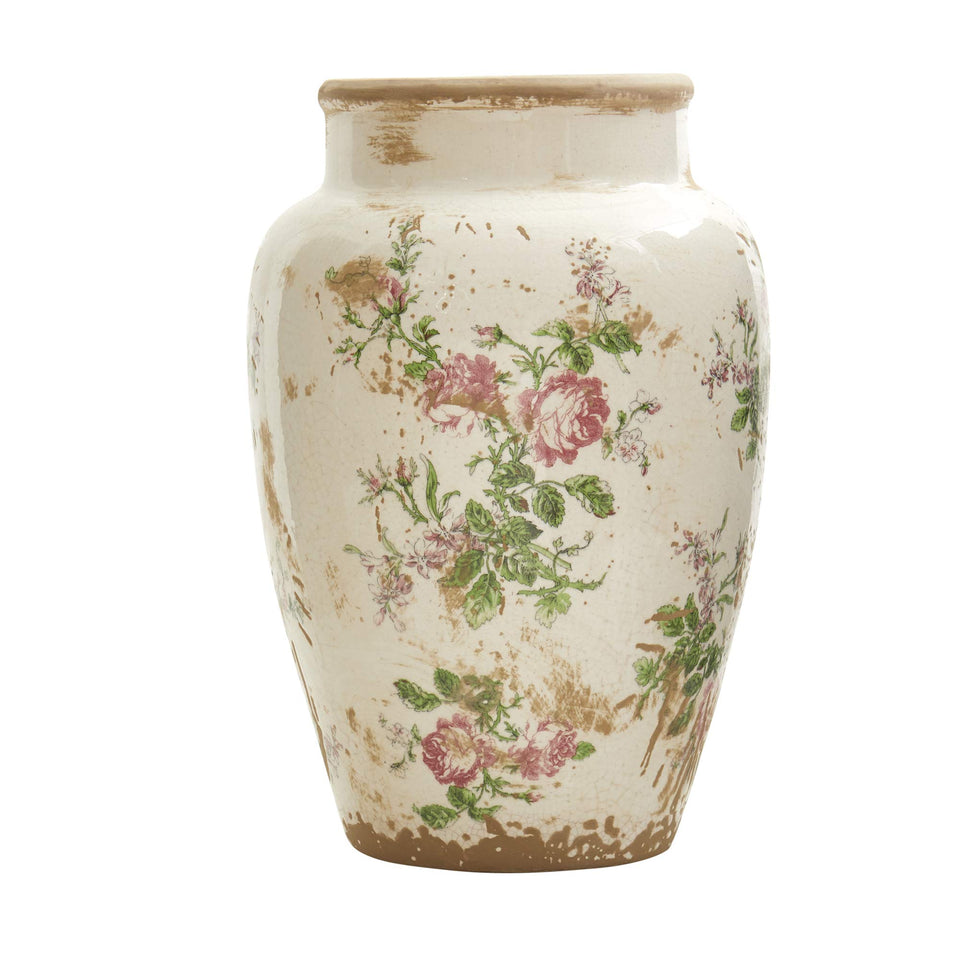 Nearly Natural Tuscan ceramic vase with pink floral print for indoor display of faux florals