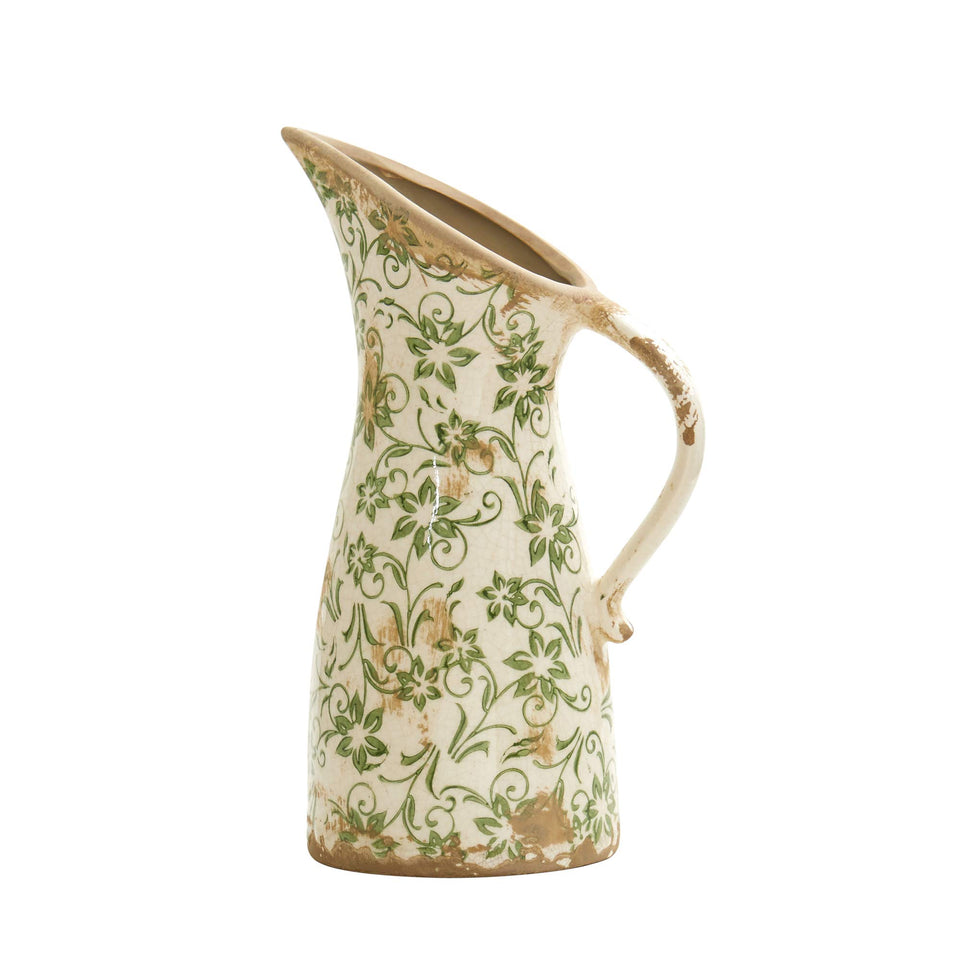 Nearly Natural Tuscan ceramic pitcher vase with green scroll design for indoor decor