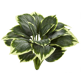 Nearly Natural variegated Hosta leaves add natural greenery to a study room.