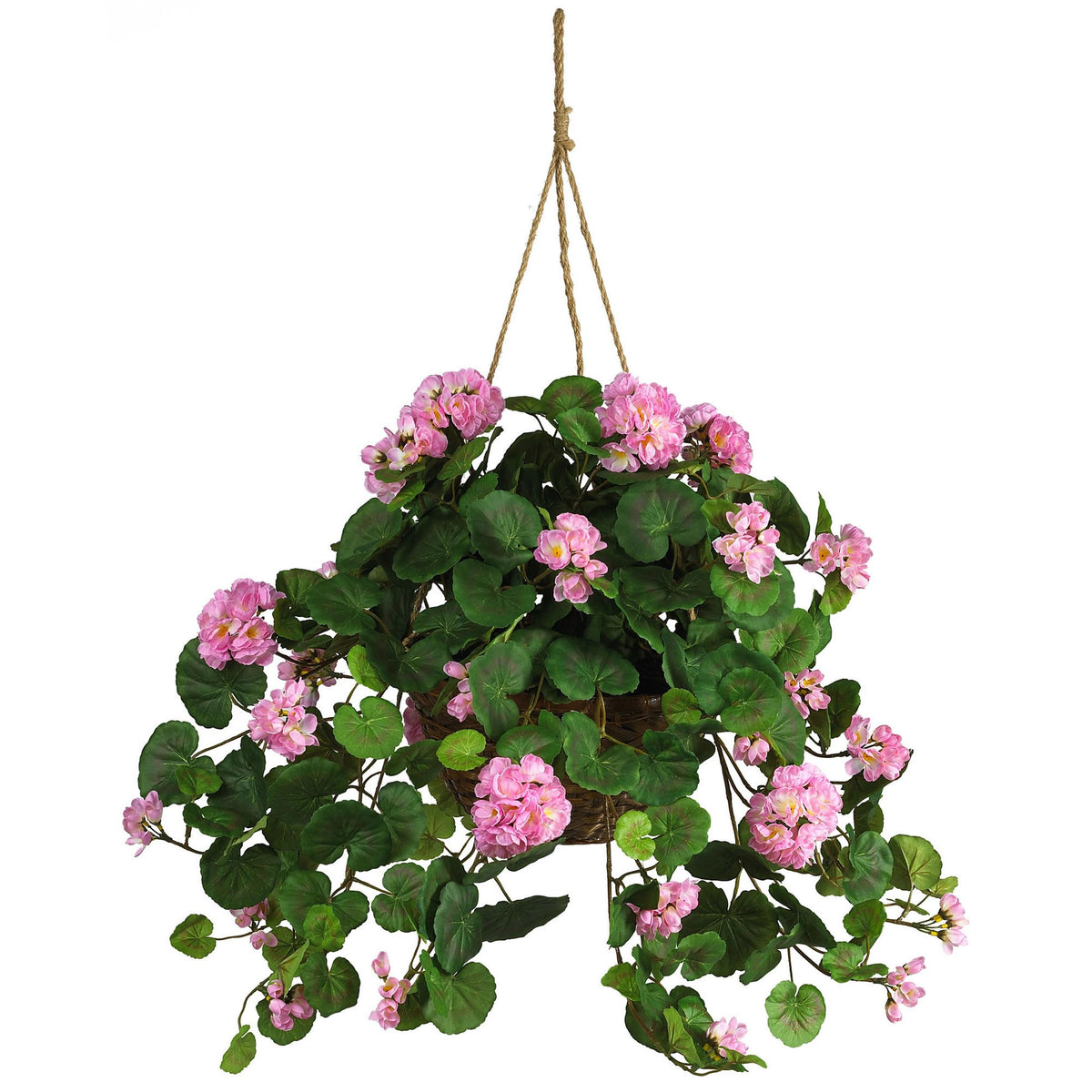 Nearly Natural pink geranium hanging basket adds year-round color.