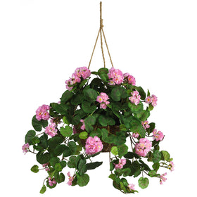 Nearly Natural pink geranium hanging basket adds year-round color.