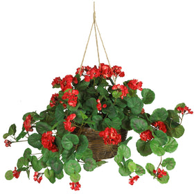 Nearly Natural geranium hanging basket with red blooms, ideal for indoor decor.