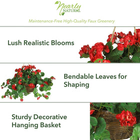 Nearly Natural indoor decor setup featuring hanging geraniums for bright office spaces.