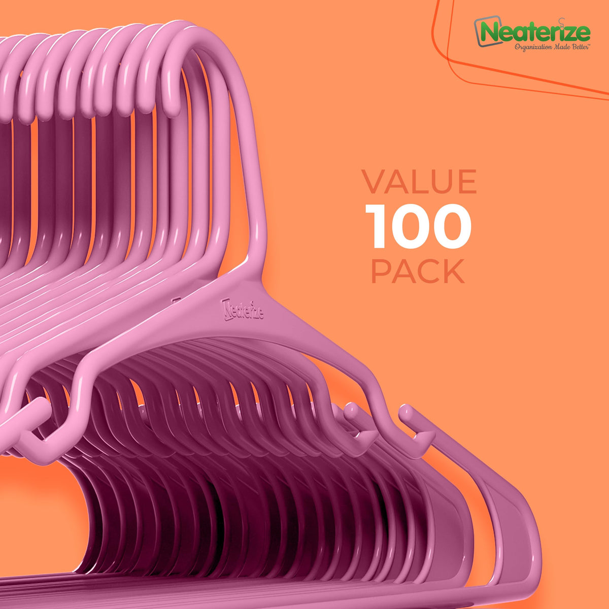 NEATERIZE 100-pack hanger set for dorms, homes, or retail displays.