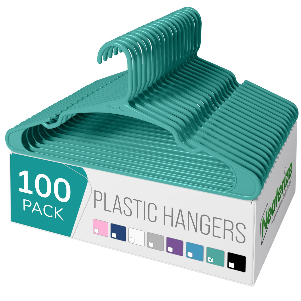NEATERIZE Aqua plastic hangers keep shirts and dresses neatly supported.