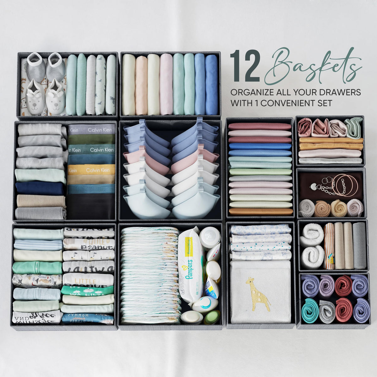NEATERIZE bedroom closet organizers in dark grey for sorted socks and underwear