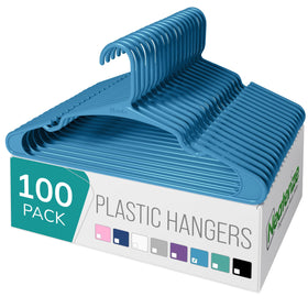 NEATERIZE blue clothes hangers showcasing color and garment protection for organized closets