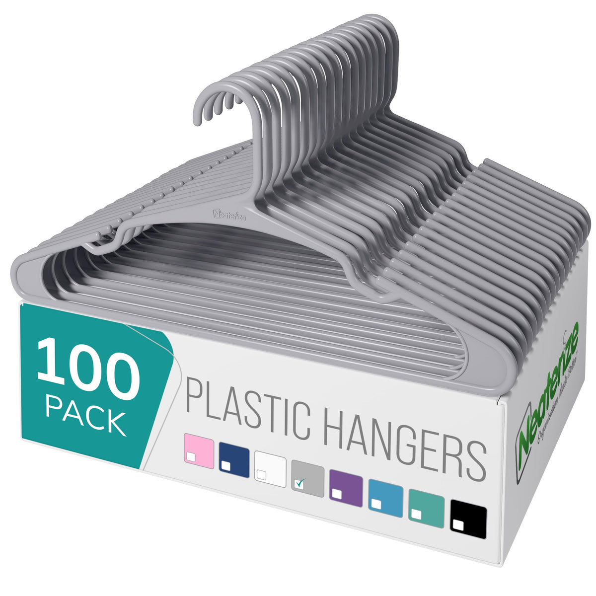 NEATERIZE clothes hangers 100-pack grey for organized closets and fabric protection