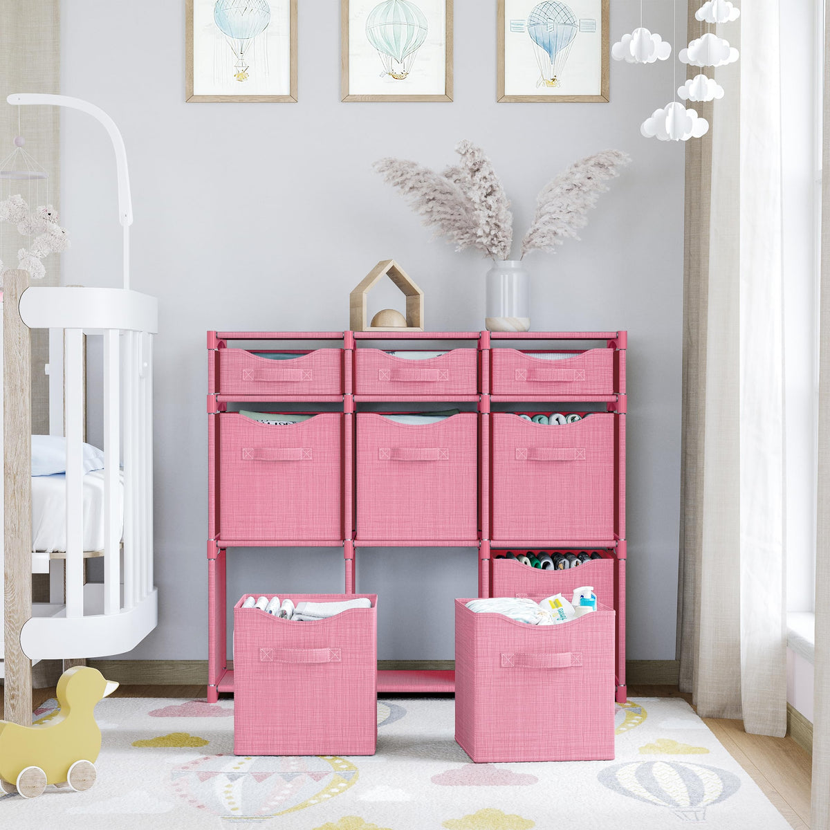 NEATERIZE cube storage durable construction pink, iron rods and plastic connectors.