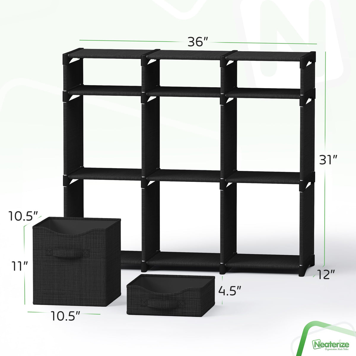 NEATERIZE cube storage organizer with bins included for immediate organization in any room.