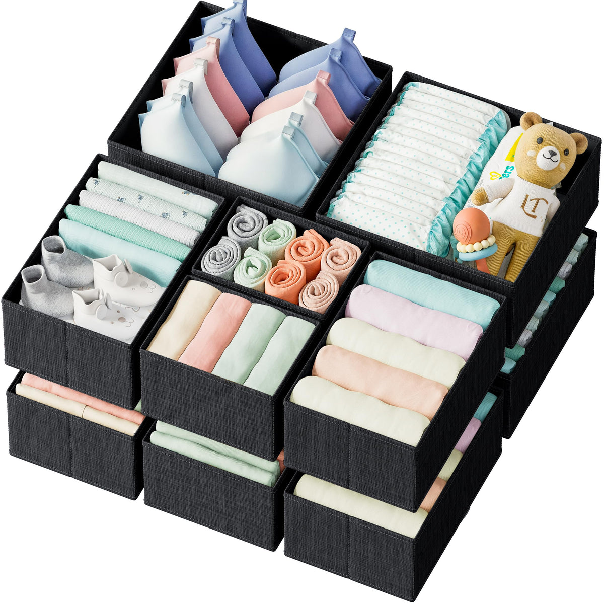 NEATERIZE 12-piece black drawer organizer set for nursery and closet storage.