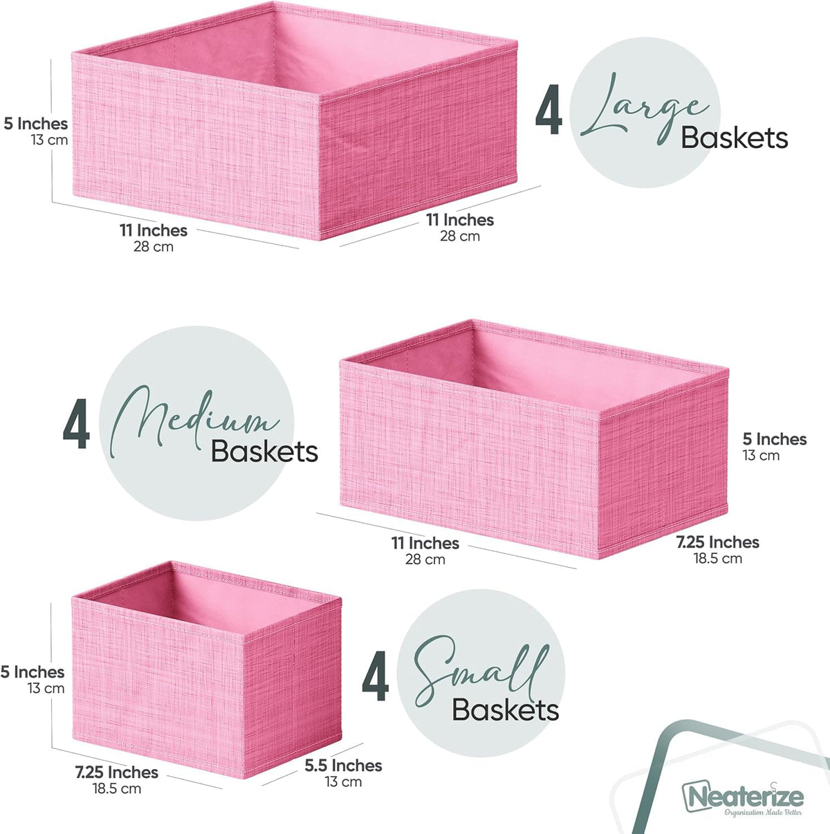 NEATERIZE pink bins keep clothing and small items sorted.