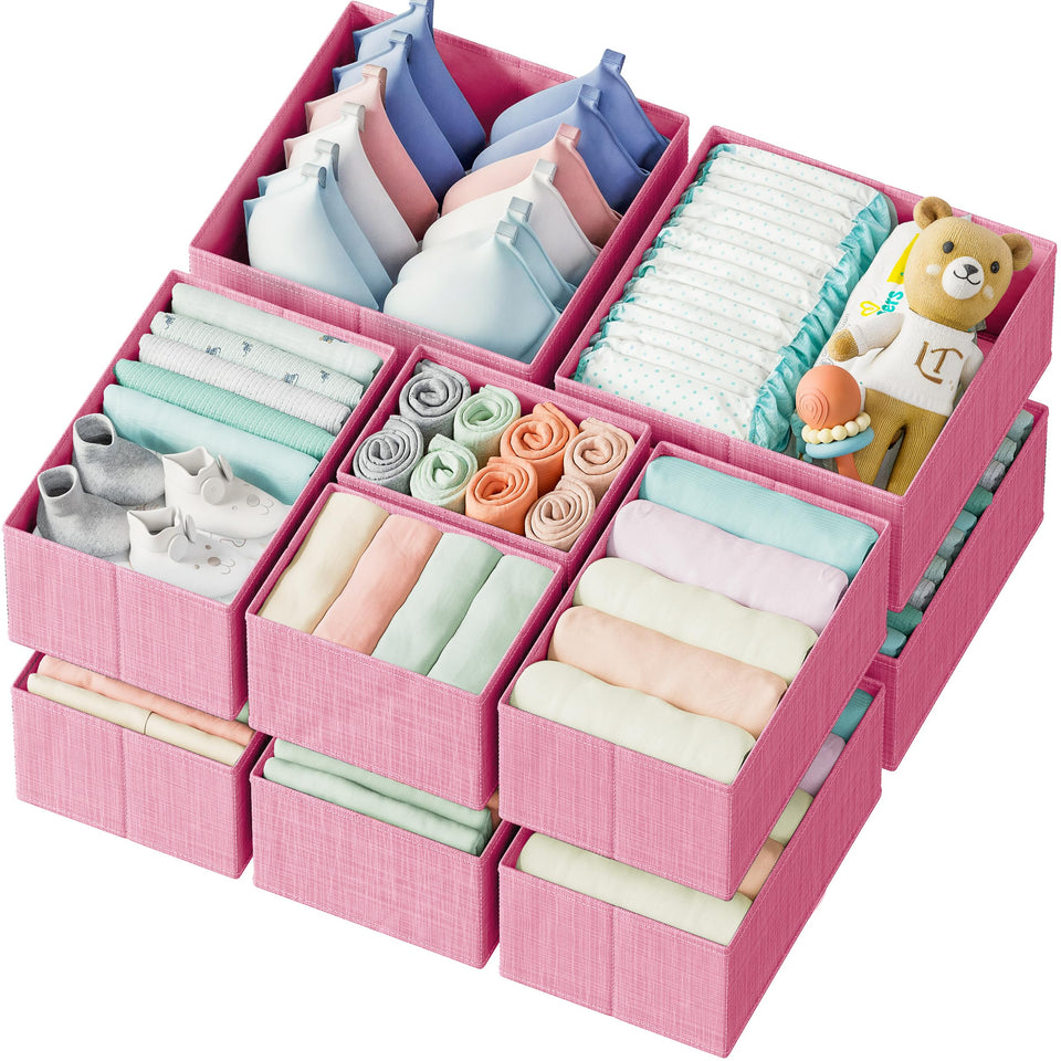 NEATERIZE pink cubes organize nursery essentials at a glance.
