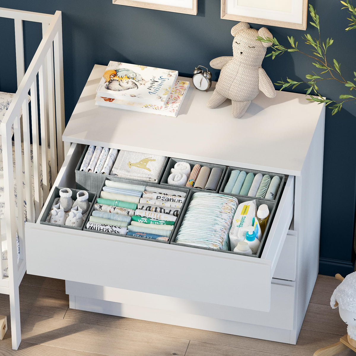 NEATERIZE nursery setup demonstrates versatile storage for changing essentials.