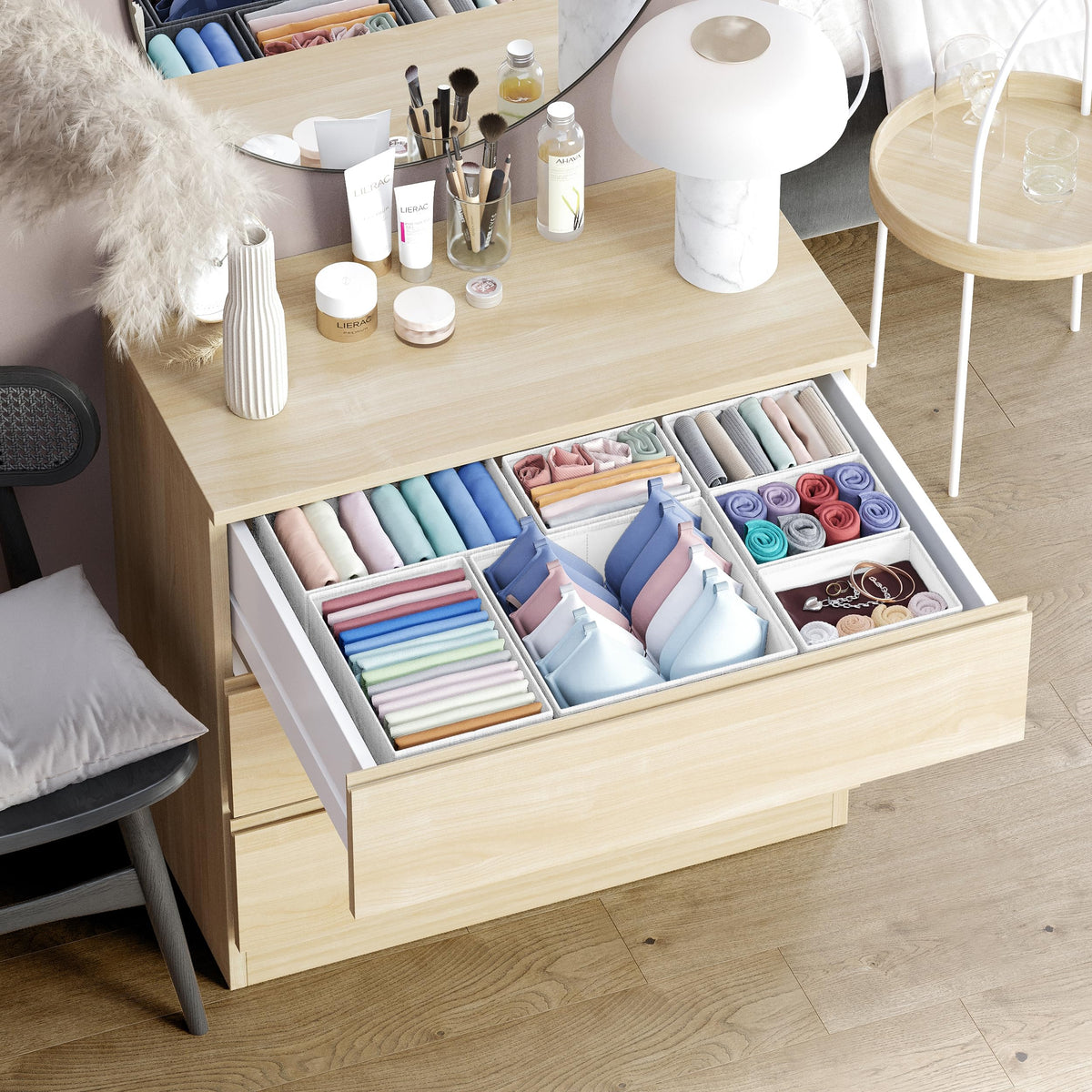 NEATERIZE drawer top organizer enhances closet and dresser efficiency