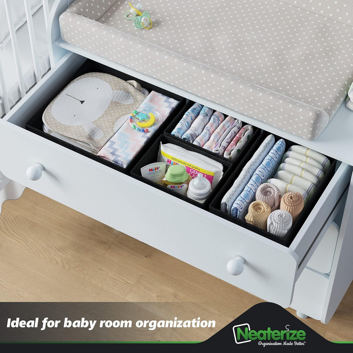 NEATERIZE drawer organizers with a simple base insert for instant setup.