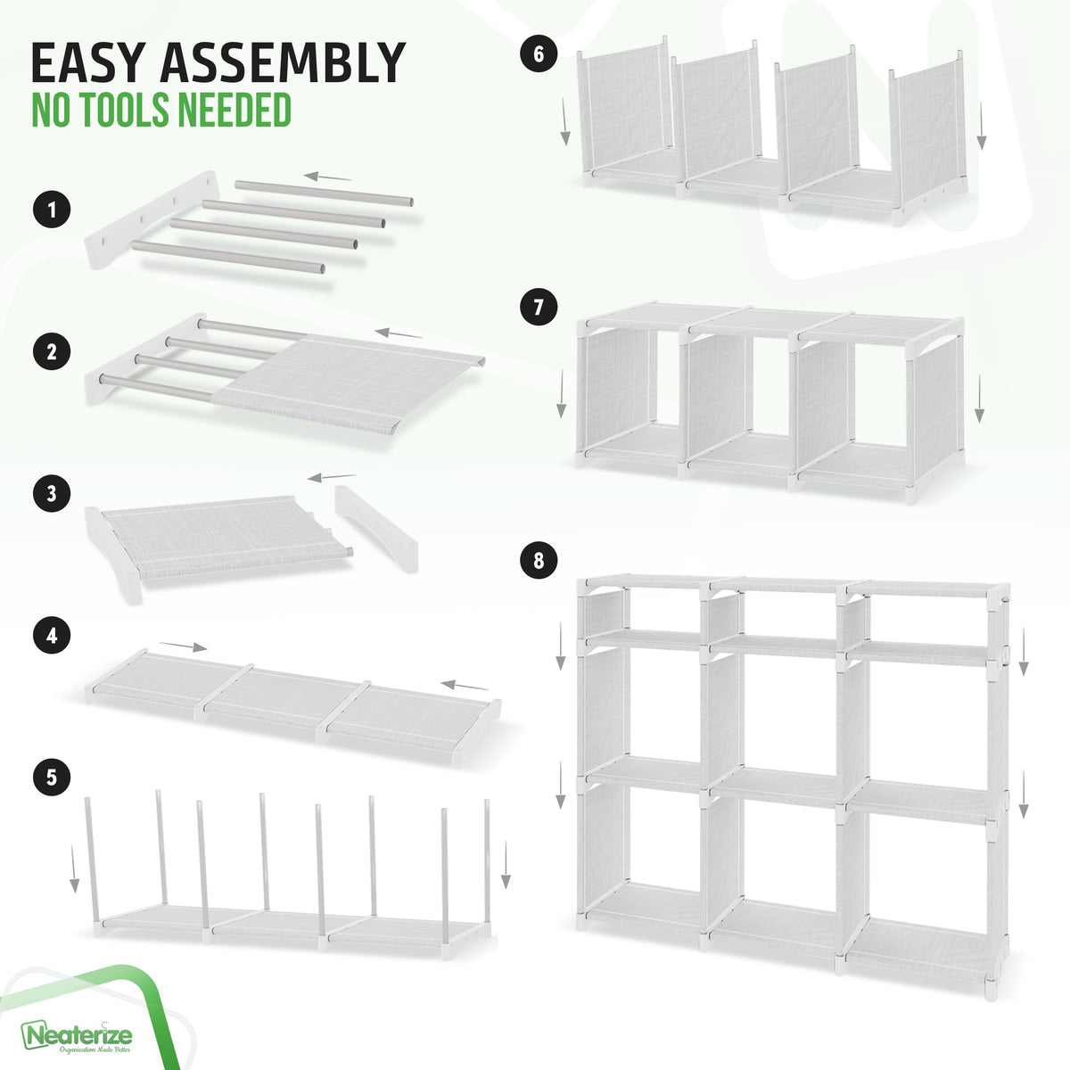 NEATERIZE cube storage unit demonstrates multi-function use as closet shelving and toy storage.