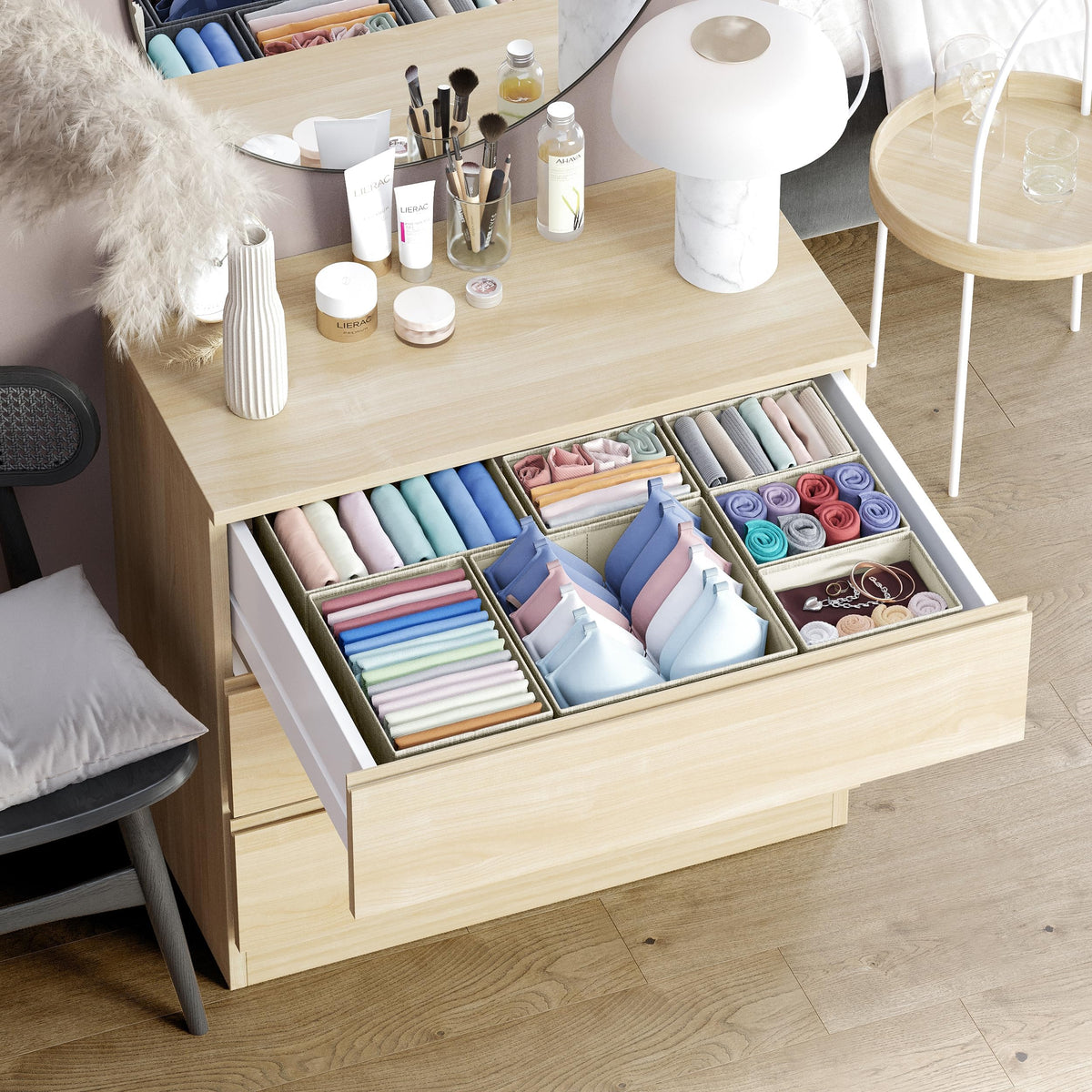 NEATERIZE small cubes in beige provide compact bins for socks and accessories.
