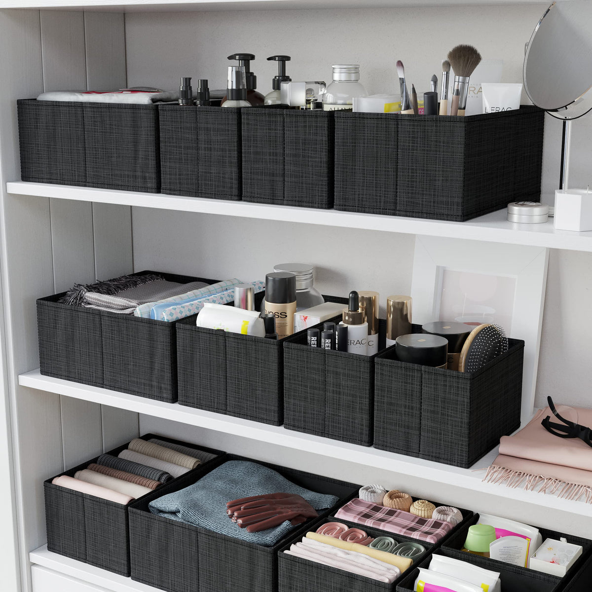 NEATERIZE sock and underwear drawer organizers for quick access and separation.