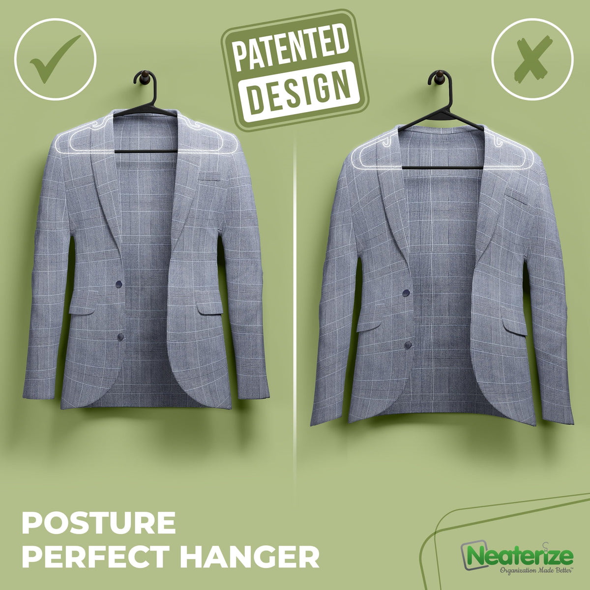 NEATERIZE slim space-saving hangers maximize closet space.