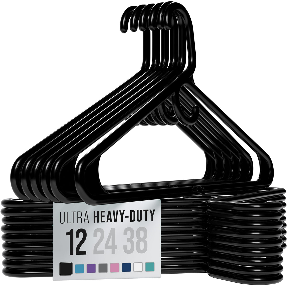 NEATERIZE thick heavy-duty hangers in black 12-pack keep coats shaped and organized.