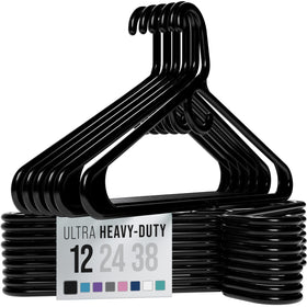 NEATERIZE thick heavy-duty hangers in black 12-pack keep coats shaped and organized.