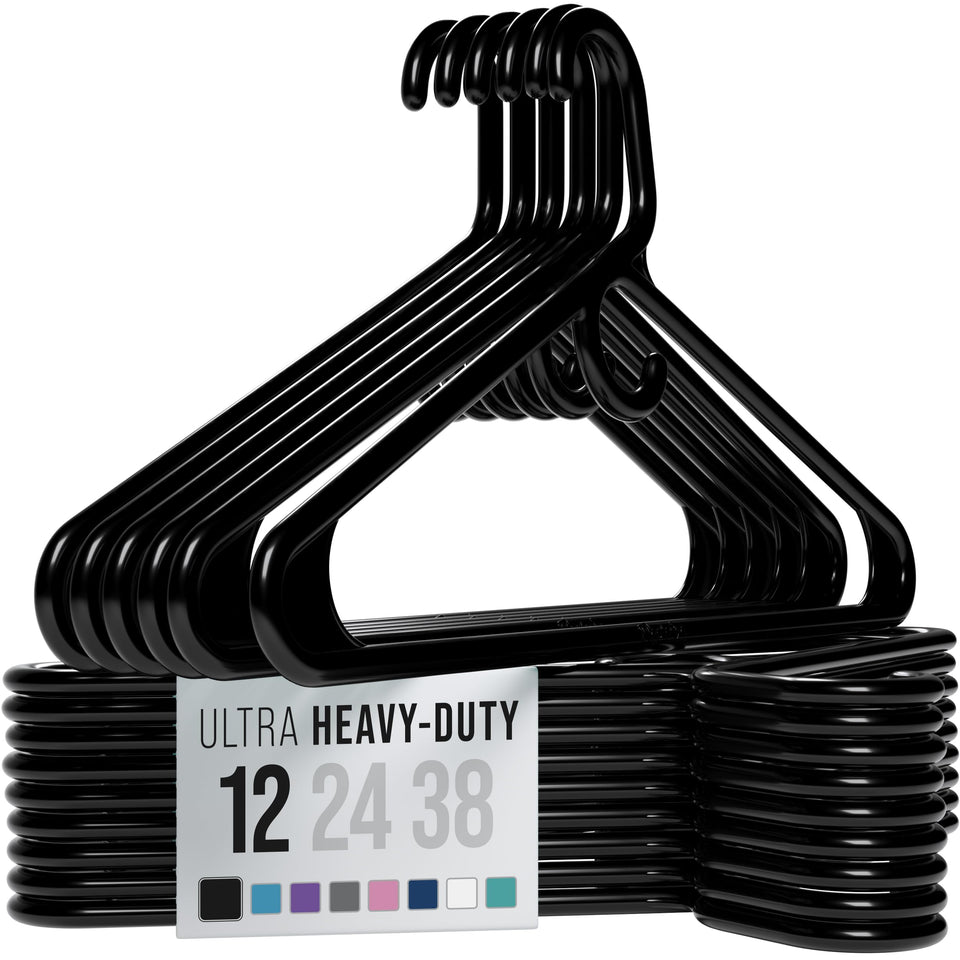 NEATERIZE thick heavy-duty hangers in black 12-pack keep coats shaped and organized.
