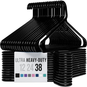 NEATERIZE thick heavy-duty hangers in black pack highlight durable closet organization.