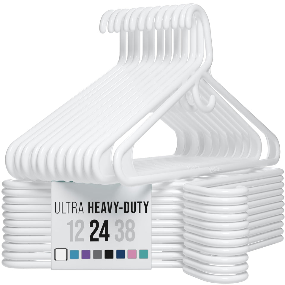 NEATERIZE thick heavy-duty hangers on a closet rod offering sturdy support