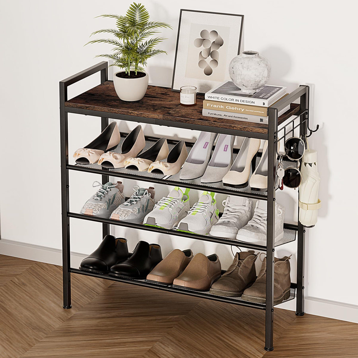 neatevday 4-Tier Shoe Rack demonstrates compact entryway organization with accessible shelves.