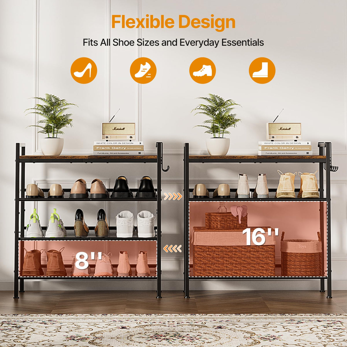 neatevday 4-Tier Shoe Rack hooks for storing keys, bags, and umbrellas near the door.