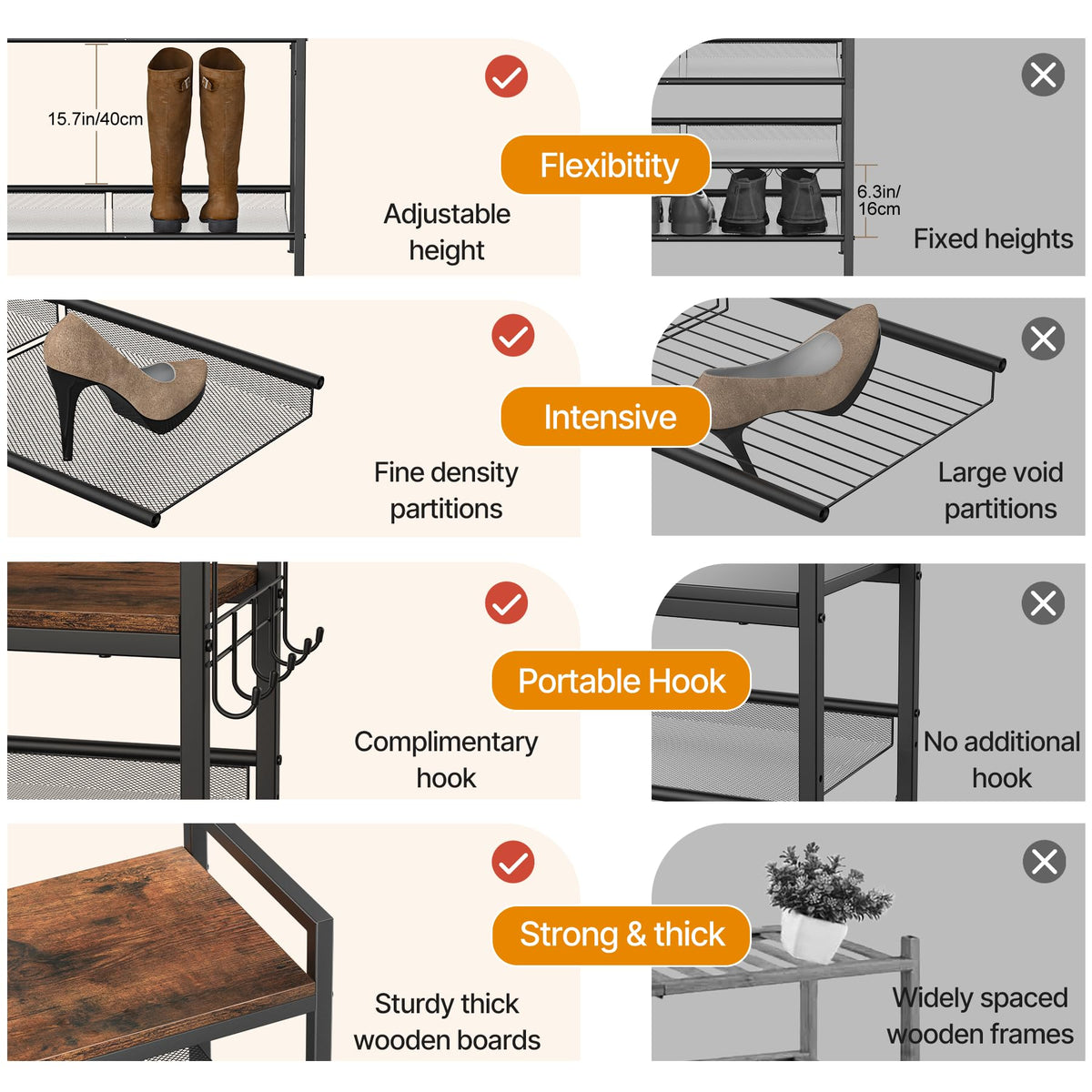 neatevday adjustable shelf height and tilt enhance footwear accessibility.