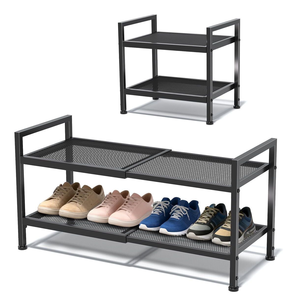 Neatevday expandable shoe rack demonstrating extended width for extra space.