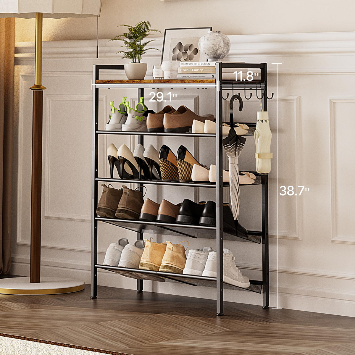 neatevday shoe rack with hook provides convenient access for keys and bags.