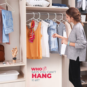 Neaties bulk-pack hangers imply value and easy closet restocking.
