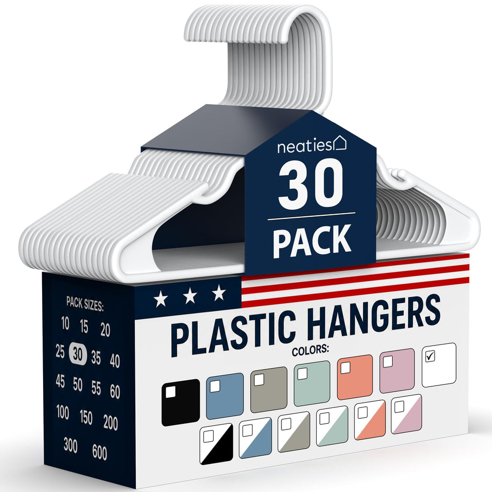 Neaties USA-made hanger with 6 lb capacity for everyday garments.