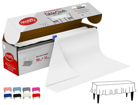 Neatiffy white tablecloth roll provides waterproof coverage for indoor and outdoor events.