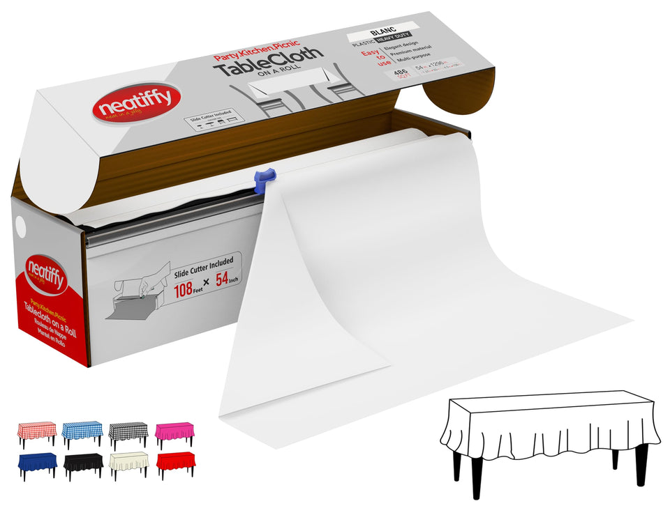 Neatiffy white tablecloth roll provides waterproof coverage for indoor and outdoor events.